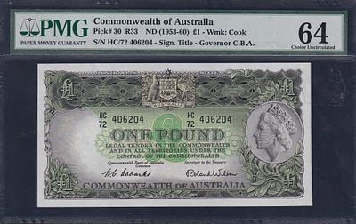 Australia, 1 Pound, 1953-60, Choice UNC 64. Description : Australia, Commonwealth of Australia 