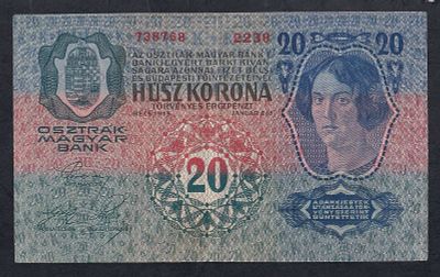 Austria, 20 Kronen, 1913, VF. Description : Austria, Oesterreichisch-Ungarische Bank, 20 Kronen 