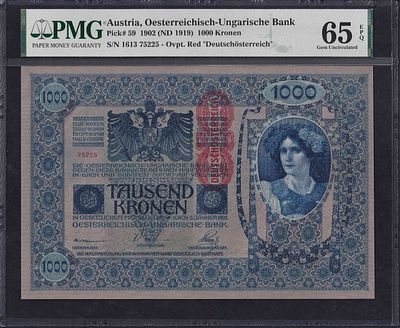 Austria, 1000 Kronen, 1902 (1919), Gem UNC 65 EPQ. Description : Austria 