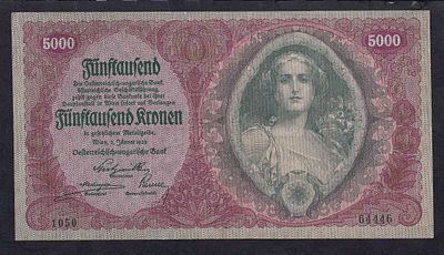 Austria, 5000 Kronen, 1922, XF. Description : Austria, Oesterreichisch-Ungarische Bank, 5000 