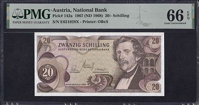Austria, 20 Schilling, 1967 (1968), Gem UNC 66 EPQ. Description : Austria, National Bank, 20 