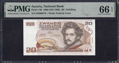 Austria, 20 Schilling, 1986 (1988), Gem UNC 66 EPQ. Description : Austria, National Bank, 20 