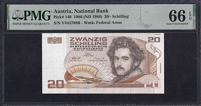 Austria, 20 Schilling, 1986 (1988), Gem UNC 66 EPQ. Description : Austria, National Bank, 20 