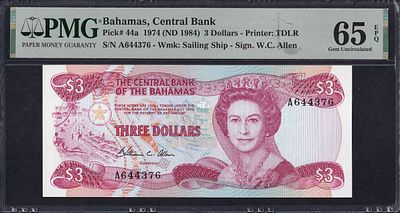 Bahamas, 3 Dollars, 1974 (1984), Gem UNC 65 EPQ. Description : Bahamas, Central Bank, 3 Dollars 