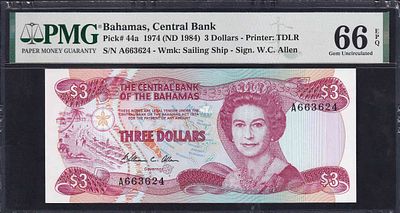 Bahamas, 3 Dollars, 1974 (1984), Gem UNC 66 EPQ. Description : Bahamas, Central Bank, 3 Dollars 