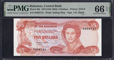 Bahamas, 5 Dollars, 1974 (1984), Gem UNC 66 EPQ. Description : Bahamas, Central Bank, 5 Dollars 
