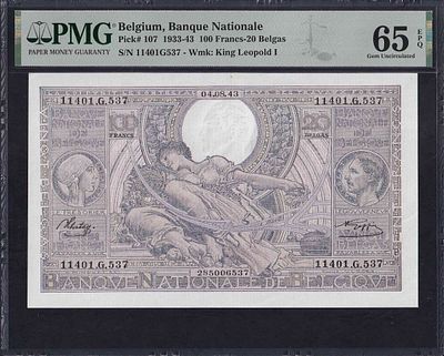 Belgium, 100 Francs-20 Belgas, 1933-43, Gem UNC 65 EPQ. Description : Belgium, Banque Nationale 