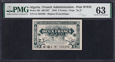 Algeria, 2 Francs, 1944, Choice UNC 63. Description : Algeria / French Administration - Post 