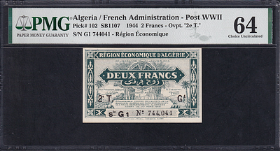 Algeria, 2 Francs, 1944, Choice UNC 64. Description : Algeria / French Administration - Post 