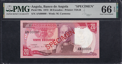 Angola, 20 Escudos, 1972, Gem UNC 66 EPQ, ''SPECIMEN". Description : Angola, Banco 
