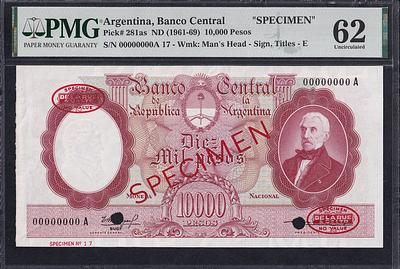 Argentina, 10.000 Pesos, 1961-69, UNC 62, ''SPECIMEN''. Description : Argentina 