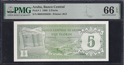 Aruba, 5 Florin, 1986, Gem UNC 66 EPQ. Description : Aruba, Banco Central, 5 Florin, 1986, Gem 