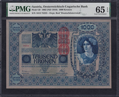 Austria, 1000 Kronen, 1902 (1919), Gem UNC 65 EPQ. Description : Austria 