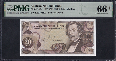 Austria, 20 Schilling, 1967 (1968), Gem UNC 66 EPQ. Description : Austria, National Bank, 20 