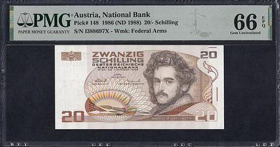 Austria, 20 Schilling, 1986 (1988), Gem UNC 66 EPQ. Description : Austria, National Bank, 20 