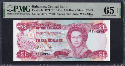 Bahamas, 3 Dollars, 1974 (1984), Gem UNC 65 EPQ. Description : Bahamas, Central Bank, 3 Dollars 