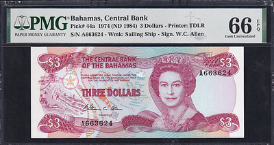Bahamas, 3 Dollars, 1974 (1984), Gem UNC 66 EPQ. Description : Bahamas, Central Bank, 3 Dollars 