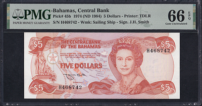 Bahamas, 5 Dollars, 1974 (1984), Gem UNC 66 EPQ. Description : Bahamas, Central Bank, 5 Dollars 