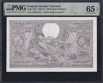 Belgium, 100 Francs-20 Belgas, 1933-43, Gem UNC 65 EPQ. Description : Belgium, Banque Nationale 