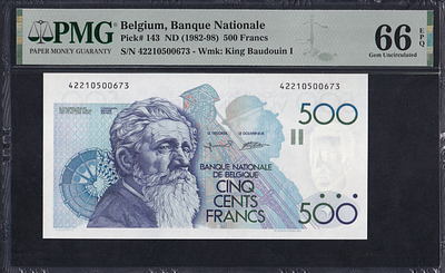 Belgium, 500 Francs, 1982-98, Gem UNC 66 EPQ. Description : Belgium, Banque Nationale, 500 