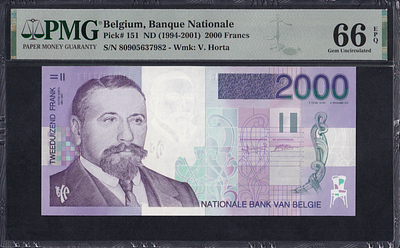 Belgium, 2000 Francs, 1994-2001, Gem UNC 66 EPQ. Description : Belgium, Banque Nationale, 2000 