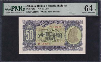 Albania, 50 Lek&cedil;, 1957, Choice UNC 64 EPQ. Description : Albania, Banka e Shtetit Shqiptar, 50 