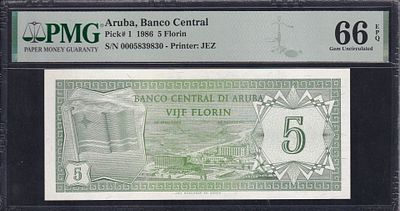 Aruba, 5 Florin, 1986, Gem UNC 66 EPQ. Description : Aruba, Banco Central, 5 Florin, 1986, Gem 