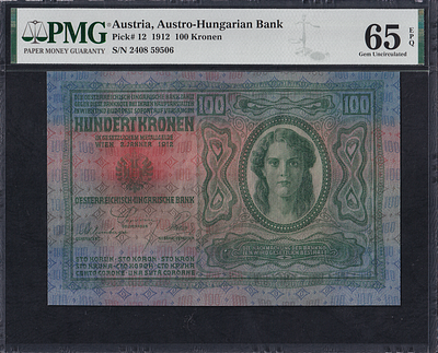 Austria, 100 Kronen, 1912, Gem UNC 65 EPQ. Description : Austria, Austro-Hungarian Bank, 100 