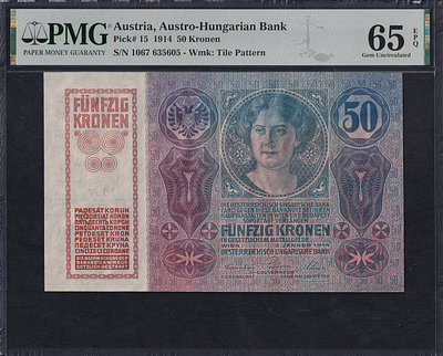 Austria, 50 Kronen, 1914, Gem UNC 65 EPQ. Description : Austria, Austro-Hungarian Bank, 50 