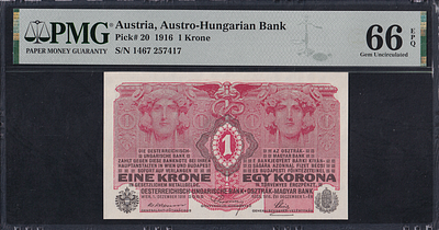 Austria, 1 Krone, 1916, Gem UNC 66 EPQ, TOP POP. Description : Austria, Austro-Hungarian Bank 