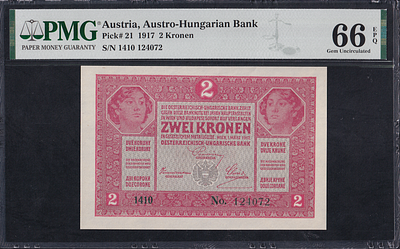 Austria, 2 Kronen, 1917, Gem UNC 66 EPQ, TOP POP. Description : Austria, Austro-Hungarian Bank 