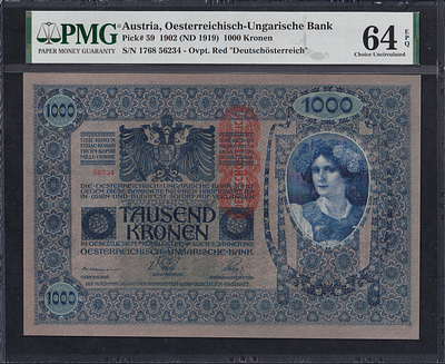 Austria, 1000 Kronen, 1902 (1919), Choice UNC 64 EPQ. Description : Austria 