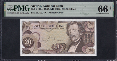 Austria, 20 Schilling, 1967 (1968), Gem UNC 66 EPQ. Description : Austria, National Bank, 20 