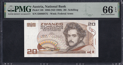 Austria, 20 Schilling, 1986 (1988), Gem UNC 66 EPQ. Description : Austria, National Bank, 20 