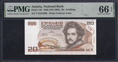 Austria, 20 Schilling, 1986 (1988), Gem UNC 66 EPQ. Description : Austria, National Bank, 20 