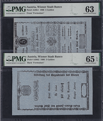 Austria, Set of 2 banknotes (5 Gulden), 1806, Choice UNC 63, Gem UNC 65 EPQ. Description : 