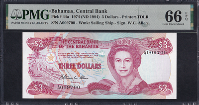Bahamas, 3 Dollars, 1974 (1984), Gem UNC 66 EPQ. Description : Bahamas, Central Bank, 3 Dollars 