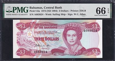 Bahamas, 3 Dollars, 1974 (1984), Gem UNC 66 EPQ. Description : Bahamas, Central Bank, 3 Dollars 