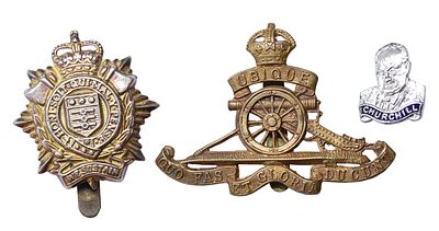 United Kingdom, 3x badges: Hat cap badge, RLC beret cap badge and Churchill badge. Description : 