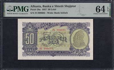 Albania, 50 Lekё, 1957, Choice UNC 64 EPQ. Description : Albania, Banka e Shtetit Shqiptar, 50 