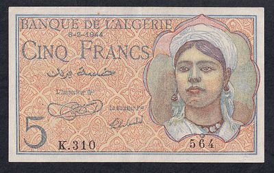 Algeria, 5 Francs, 1944, aUNC. Description : Algeria, Banque de l'Alg&eacute;rie, 5 Francs, 1944, aUNC 