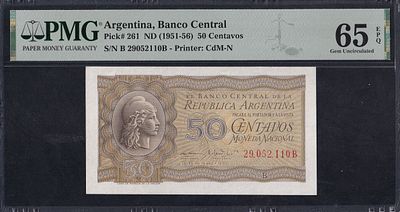 Argentina, 50 Centavos, 1951-56, Gem UNC 65 EPQ. Description : Argentina, Banco Central, 50 