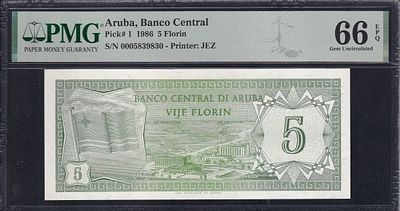 Aruba, 5 Florin, 1986, Gem UNC 66 EPQ. Description : Aruba, Banco Central, 5 Florin, 1986, Gem 
