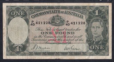 Australia, 1 Pound, 1938-1952, VF. Description : Australia, Commonwealth Bank of Australia, 1 