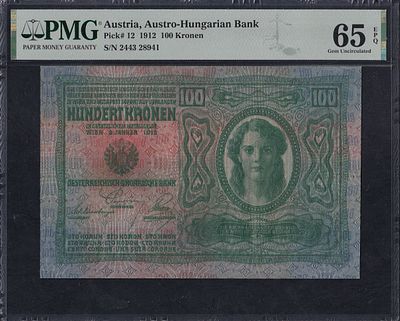 Austria, 100 Kronen, 1912, Gem UNC 65 EPQ. Description : Austria, Austro-Hungarian Bank, 100 