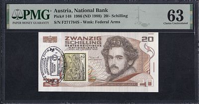 Austria, 20 Schilling, 1986 (1988), Choice UNC 63. Description : Austria, National Bank, 20 
