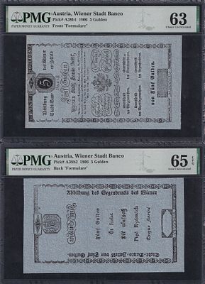 Austria, Set of 2 banknotes (5 Gulden), 1806, Choice UNC 63, Gem UNC 65 EPQ. Description : 