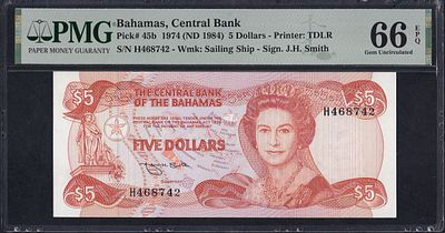 Bahamas, 5 Dollars, 1974 (1984), Gem UNC 66 EPQ. Description : Bahamas, Central Bank, 5 Dollars 