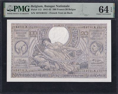 Belgium, 100 Francs - 20 Belgas, 1941-43, Choice UNC 64 EPQ. Description : Belgium, Banque 