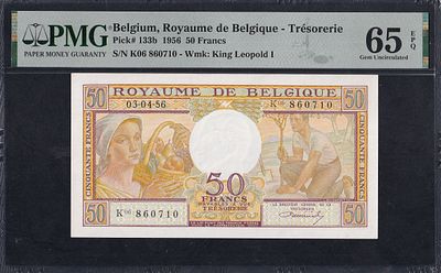 Belgium, 50 Francs, 1956, Gem UNC 65 EPQ. Description : Belgium, Royaume de Belgique-Tresorerie 